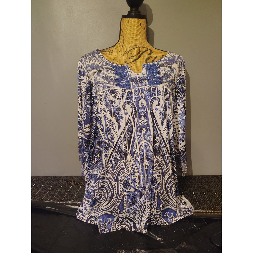 Live and Let Live Blue Paisley Lace Trim Empire Waist Tunic Top Large